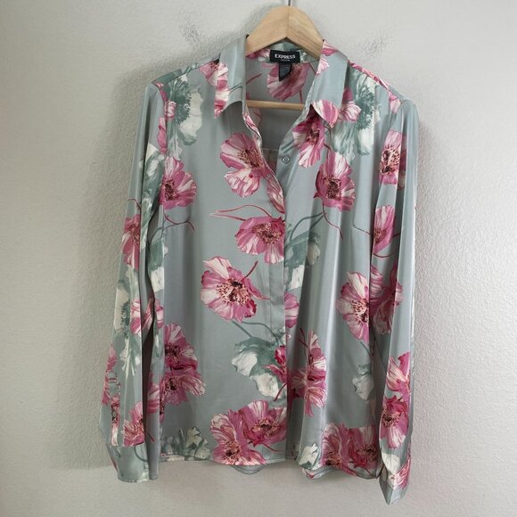 Express Tops - Express Portofino Shirt Womens Large Satin Floral Button Up Blouse Long Sleeve